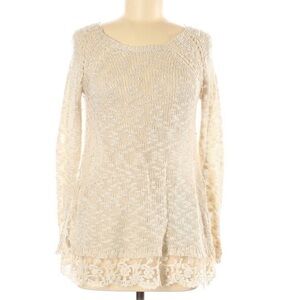 Maxumi size M ivory tan BOHO slubbed knit A-line lace bottom pullover sweater